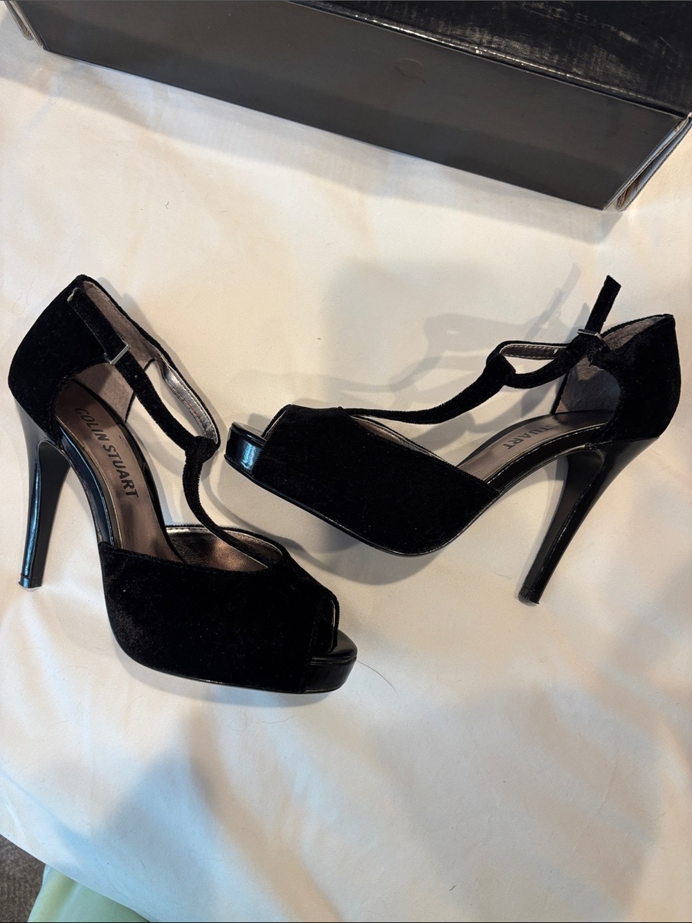 Colin Stuart Black Velvet T-Strap Peep-Toe Platform Heels